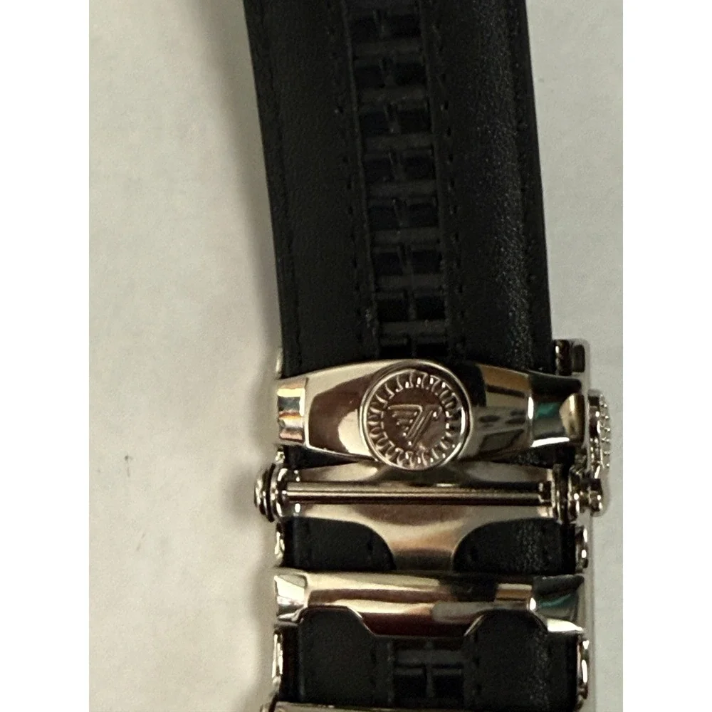 Mission Belt Mens Black Thick Leather Ratchet Belt Silver Buckle Slide No Holes